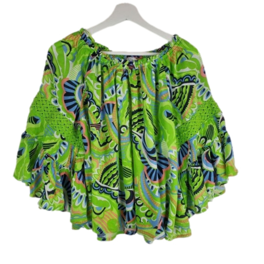 CROWN & Ivy XS Off the Shoulder blouse 3/4 ruffle Sleeve Crochet trim blue green